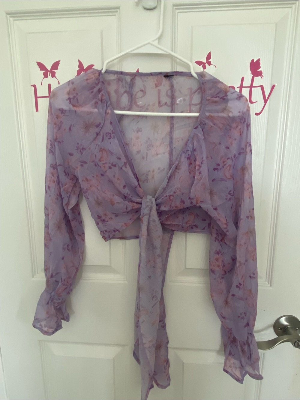 Sheer Lavender Floral Tie-Front Crop Top - Women's